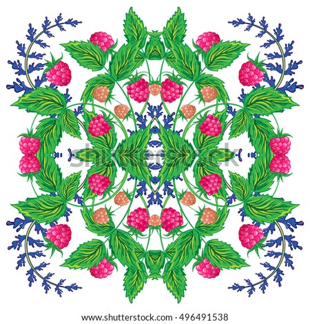 Design for square pocket, shawl, textile. Raspberry floral pattern. Vector illustration