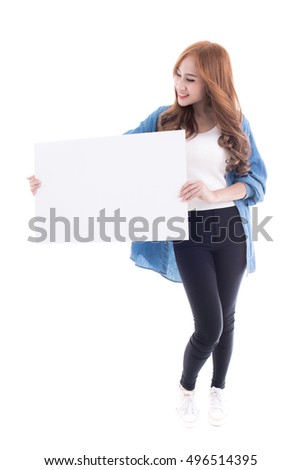 Male student holding a white board against white background. Asian male model