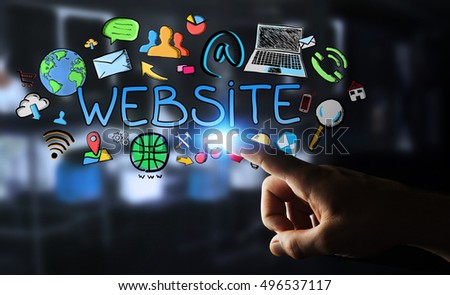 Man touching hand-drawn internet presentation with his finger on dark background