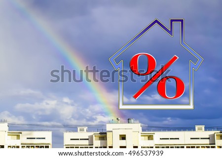 	Red percent sign on the background of the house and rainbow .The concept of reducing property prices .