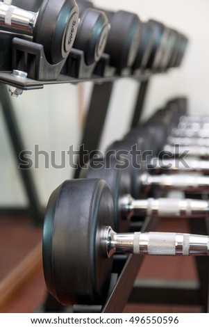 Metal dumbbells lying in a row on racks at the gym, closeup