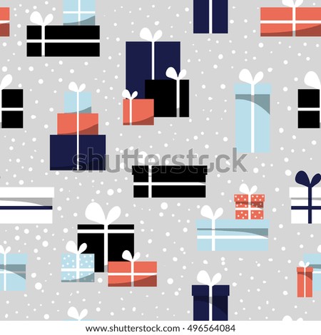 Cartoon seamless christmas pattern with gift boxes, white, red, blue, gray colors, cute and bright background. Greeting hand drawn card, illustration for Xmas.