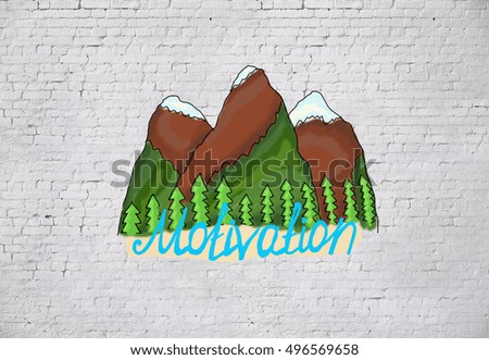 Creative mountains sketch on brick background. Motivation concept