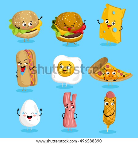 Cartoon funny fast foods characters isolated vector illustration. Funny food face icon. Fast food emoji. Funny burger, laughing cheese. Cartoon emoticon face of fast food. Gloomy bacon, sausage shy.