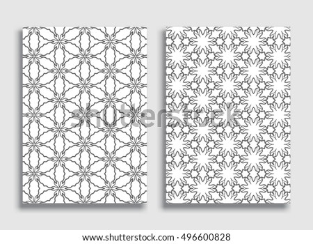 Abstract geometric line patterns. Linear ornamental pattern in gray and white color. Vector set of lace backgrounds size A4. Ornaments with repeating texture for wallpaper, flyers, invitation cards