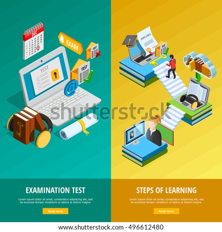 E-learning isometric vertical banners set with test symbols isolated vector illustration 