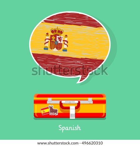 Concept of travel to Spain or studying Spanish. Hand drawn Spanish flag in speech bubble above suitcase with Spanish symbols.