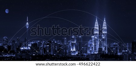 blue tone KL city scape and network connection concept