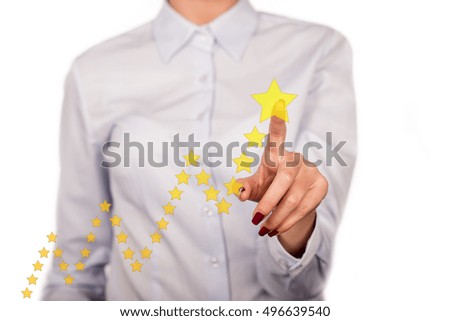 Business woman with pointing to rating stars. on white background.