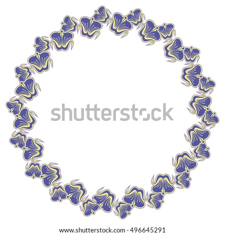 Beautiful round frame with blue decorative flowers. Design element for banners, labels, greeting cards and wedding invitations. Copy space. Vector clip art.
