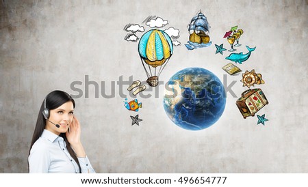Girl with headset standing near planet Earth surrounded by travelling sketches. Concept of seeing the world. Elements of this image furnished by NASA