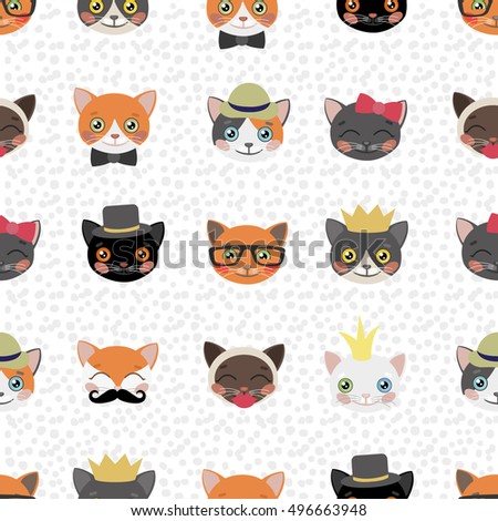 Collection of different styles cat muzzles, flat illustration vector seamless pattern