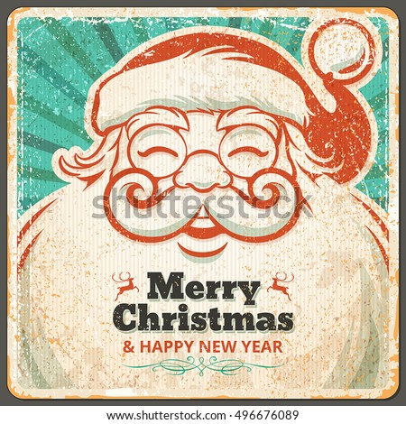 Vector vintage Christmas greeting card design with Santa Claus. Retro illustration with copy space for text.