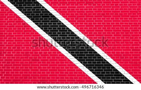 Trinidadian and Tobagonian national official flag. Patriotic symbol, banner, element, background. Flag of Trinidad and Tobago on brick wall texture background