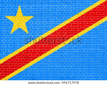 DR Congo national official flag. African patriotic symbol, banner, element, background. Flag of Democratic Republic of the Congo on brick wall texture background