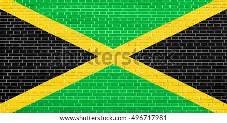 Jamaican national official flag. Patriotic symbol, banner, element, background. Flag of Jamaica on brick wall texture background