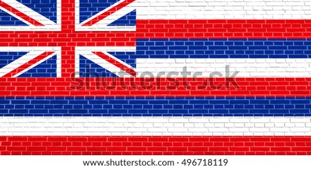 Hawaiian official flag, symbol. American patriotic element. USA banner. United States of America background. Flag of the US state of Hawaii on brick wall texture background