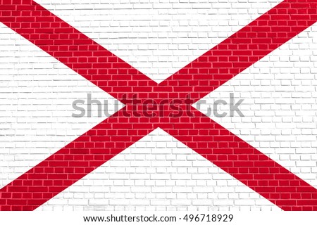 Alabamian official flag, symbol. American patriotic element. USA banner. United States of America background. Flag of the US state of Alabama on brick wall texture background
