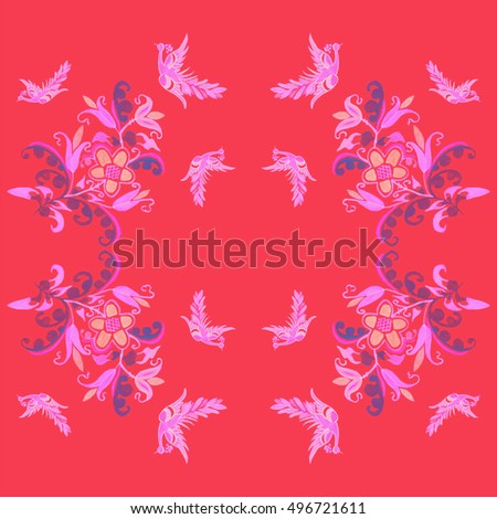 Russian ornament. Fairy pride. Fire bird flowered. The theme of Russian folk tales. Bird of Happiness. Tribal seamless pink geometric pattern. Striped hand painted seamless pattern. Watercolor.