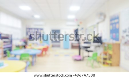 Kindergarten classroom school background. Class room for children students or
nursery kids. Blur daycare preschool. Royalty-Free Stock Photo #496747588
