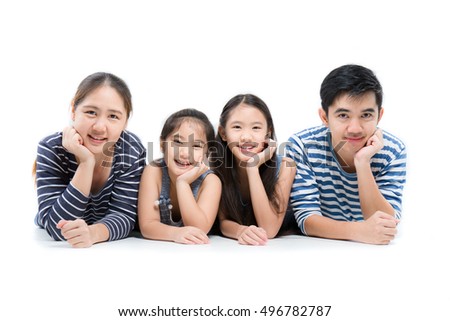 Healthy Asian family smiling and lying on isolated white background, Happy family
