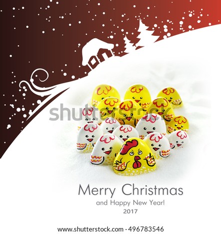 Congratulations on Merry Christmas and Happy New Year 2017.
 The new 2017 Chinese Year of the rooster. Postcard original idea concept with eggs, rooster family and chickens in the snow.