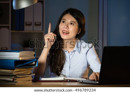 asian business woman happy got success idea working overtime late night. indoors office background