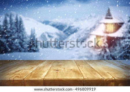 desk of free space for your decoration and winter landscape 