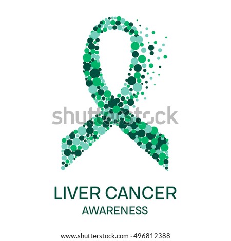 Liver cancer awareness poster design template. Emerald green ribbon made of dots on white background. Medical concept. Vector illustration.
