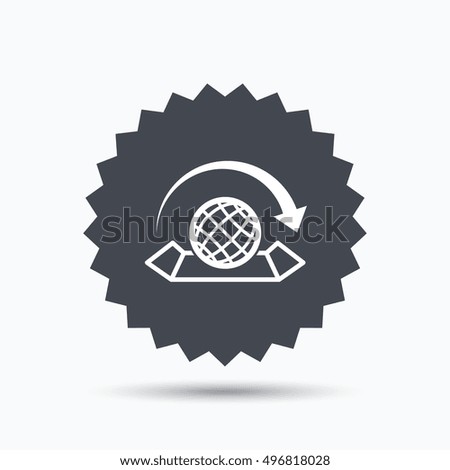 World map icon. Globe with arrow sign. Travel location symbol. Gray star button with flat web icon. Vector