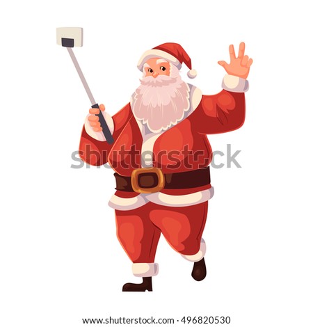Santa Claus making selfie, cartoon style vector illustration isolated on white background. Full length portrait. Christmas decoration element