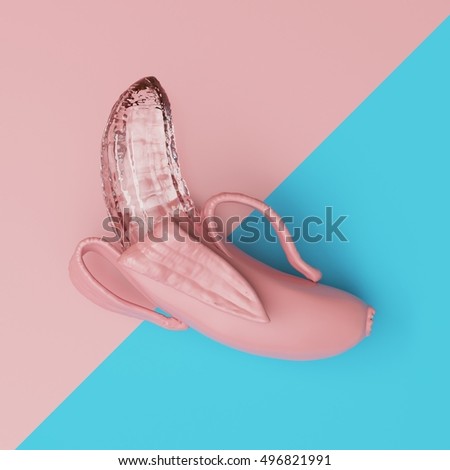 Glass Banana pink on pink and blue pastel background. min?mal concept. flat lay.