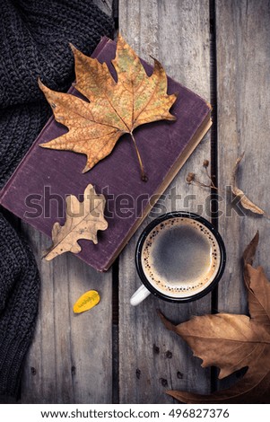 Old book, knitted sweater with autumn leaves and coffee mug