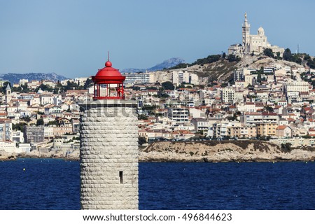 Lighthouse on If island and Marseille panorama. Marseille, Provence-Alpes-Cote d'Azur, France.