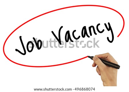 Man Hand writing Job Vacancy with black marker on visual screen. Isolated on background. Business, technology, internet concept. Stock Photo