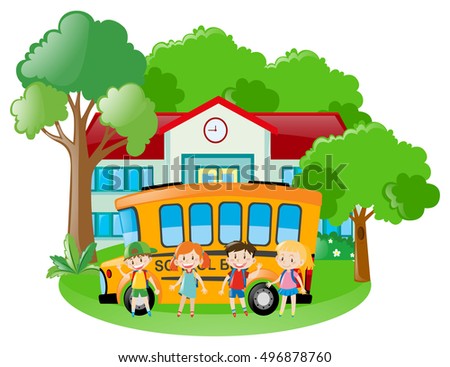 Scene with kids and school bus at school illustration