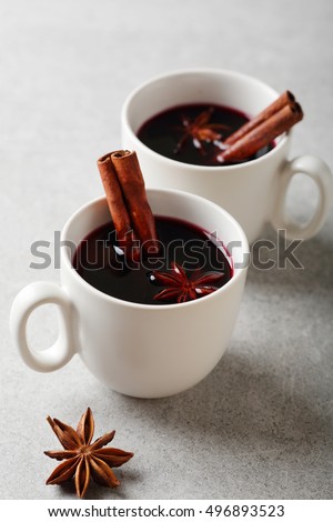 Warm christmas drink with spice, mulled wine