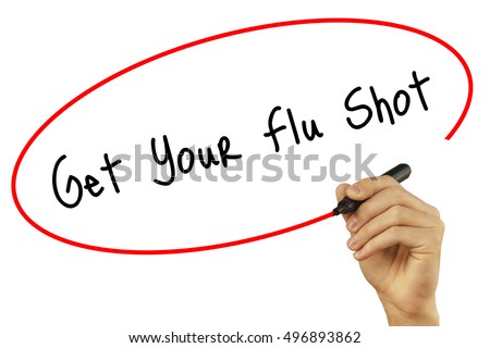 Man Hand writing Get Your Flu Shot with black marker on visual screen. Isolated on white. Business, technology, internet concept. Stock Photo