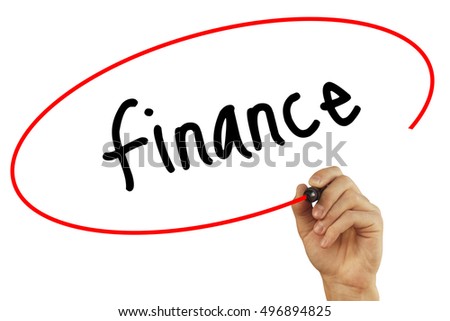 Man Hand writing Finance with black marker on visual screen. Isolated on background. Business, technology, internet concept. Stock Photo