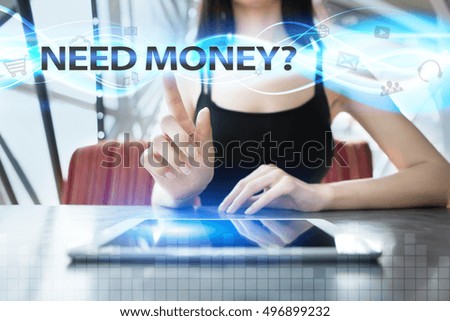 Woman is using tablet pc, pressing on virtual screen and selecting need money