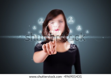 Businesswoman pressing promotion and shipping type of modern buttons