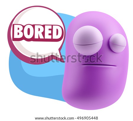 3d Rendering Tired Character Emoticon Expression saying Bored with Colorful Speech Bubble.
