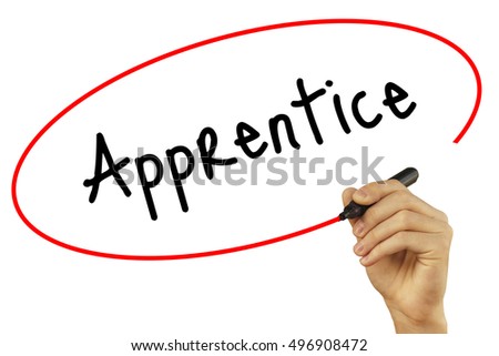 Man Hand writing Apprentice with black marker on visual screen. Isolated on background. Business, technology, internet concept. Stock Photo