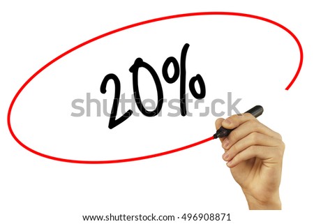Man Hand writing 20% with black marker on visual screen. Isolated on background. Business, technology, internet concept. Stock Photo