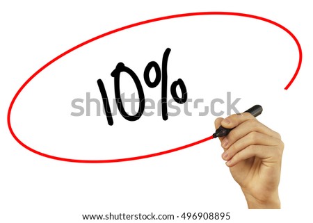 Man Hand writing 10% with black marker on visual screen. Isolated on background. Business, technology, internet concept. Stock Photo