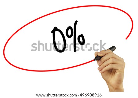 Man Hand writing 0% with black marker on visual screen. Isolated on background. Business, technology, internet concept. Stock Photo