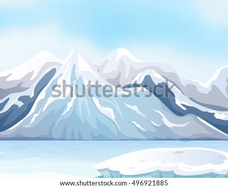 Scene with snow on big mountains and river illustration