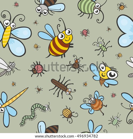 Funny bugs, ladybird and insects seamless vector texture. Children, background, fabric, textile