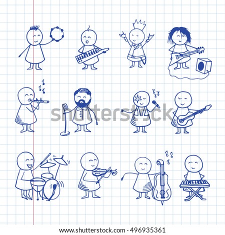 Big set of cute doodle people playing different musical instruments. Vector doodle illustration on notebook page. Musical background.