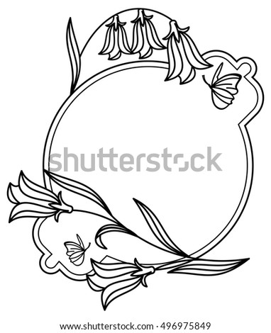 Elegant round frame with bluebells and butterfly. Raster clip art.